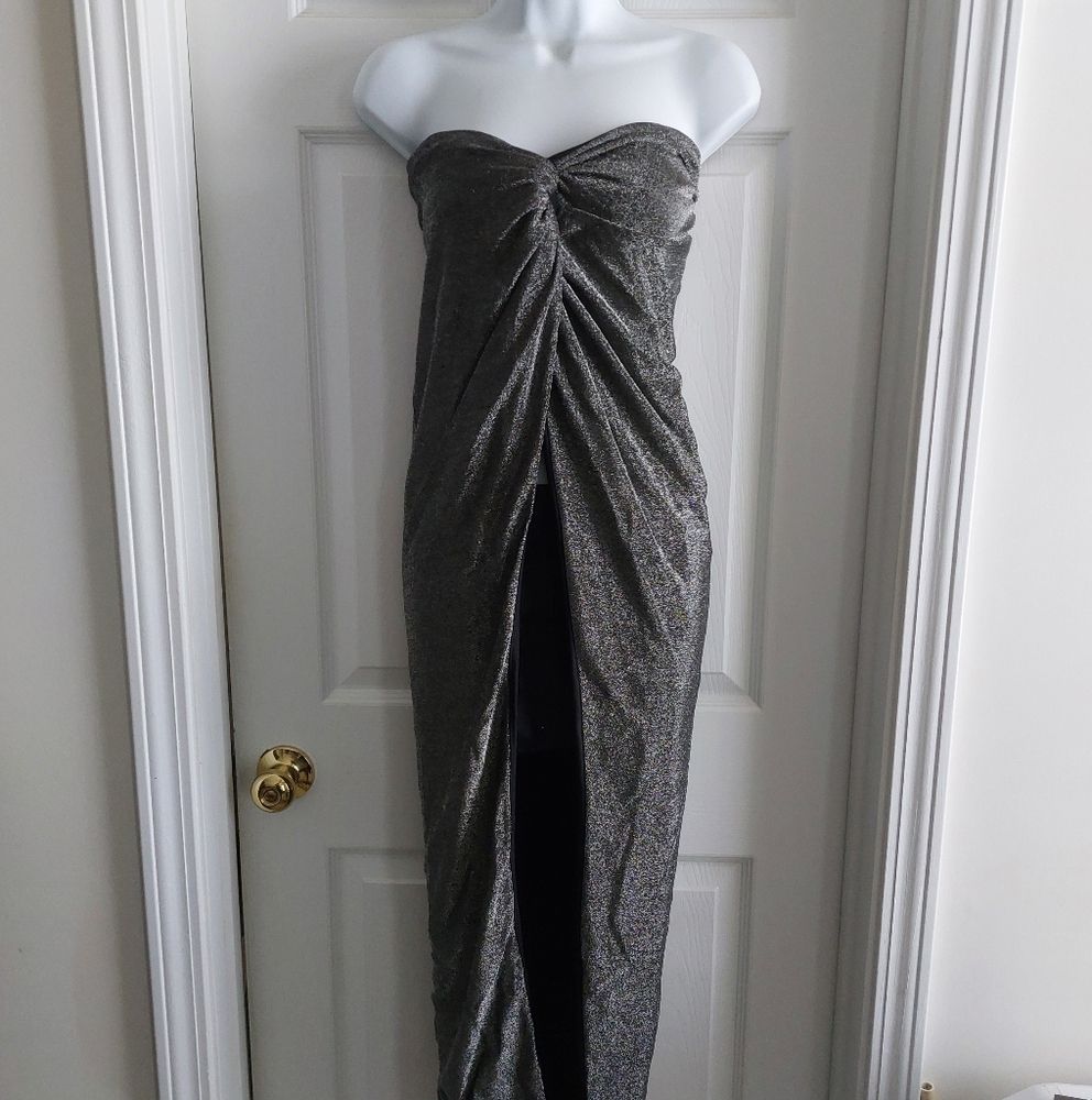 Strapless Metallic Ruched Front Dress - Silver